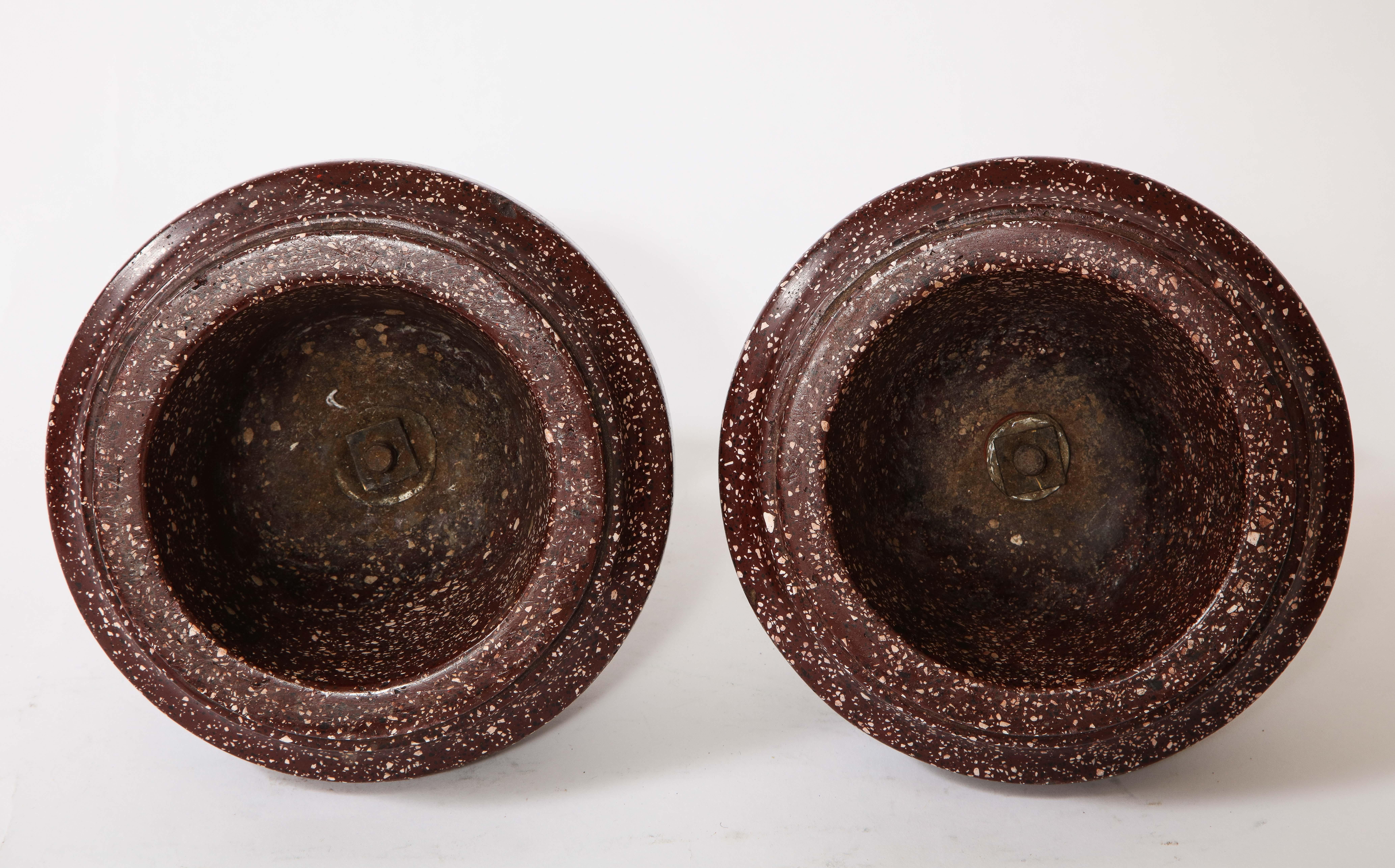 Pair of Antique Roman Porphyry, Grand Tour Period Hand-Carved Lidded Vases For Sale 6