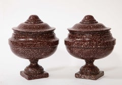 Pair of Antique Roman Porphyry, Grand Tour Period Hand-Carved Lidded Vases