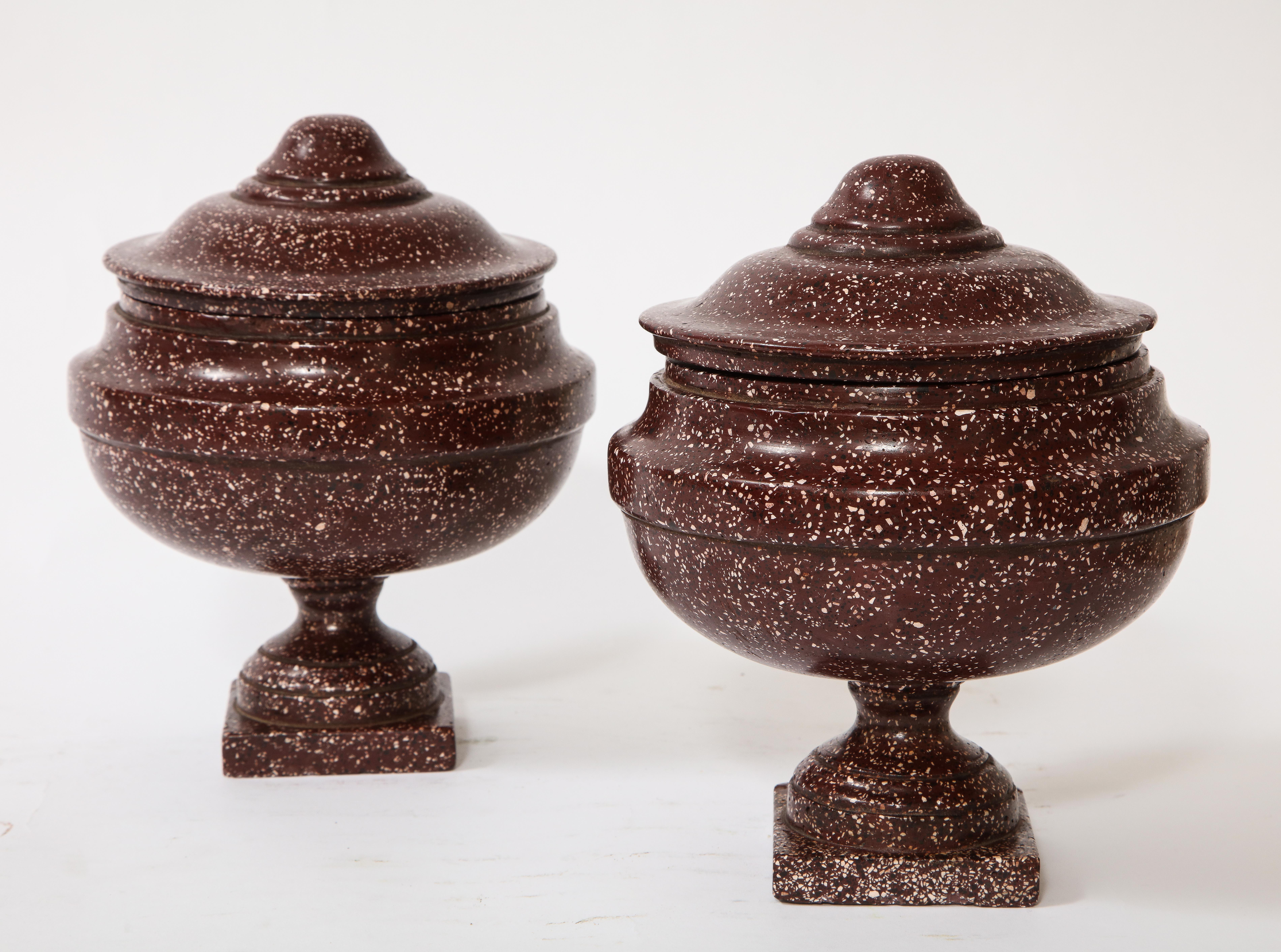 Italian Pair of Antique Roman Porphyry, Grand Tour Period Hand-Carved Lidded Vases For Sale