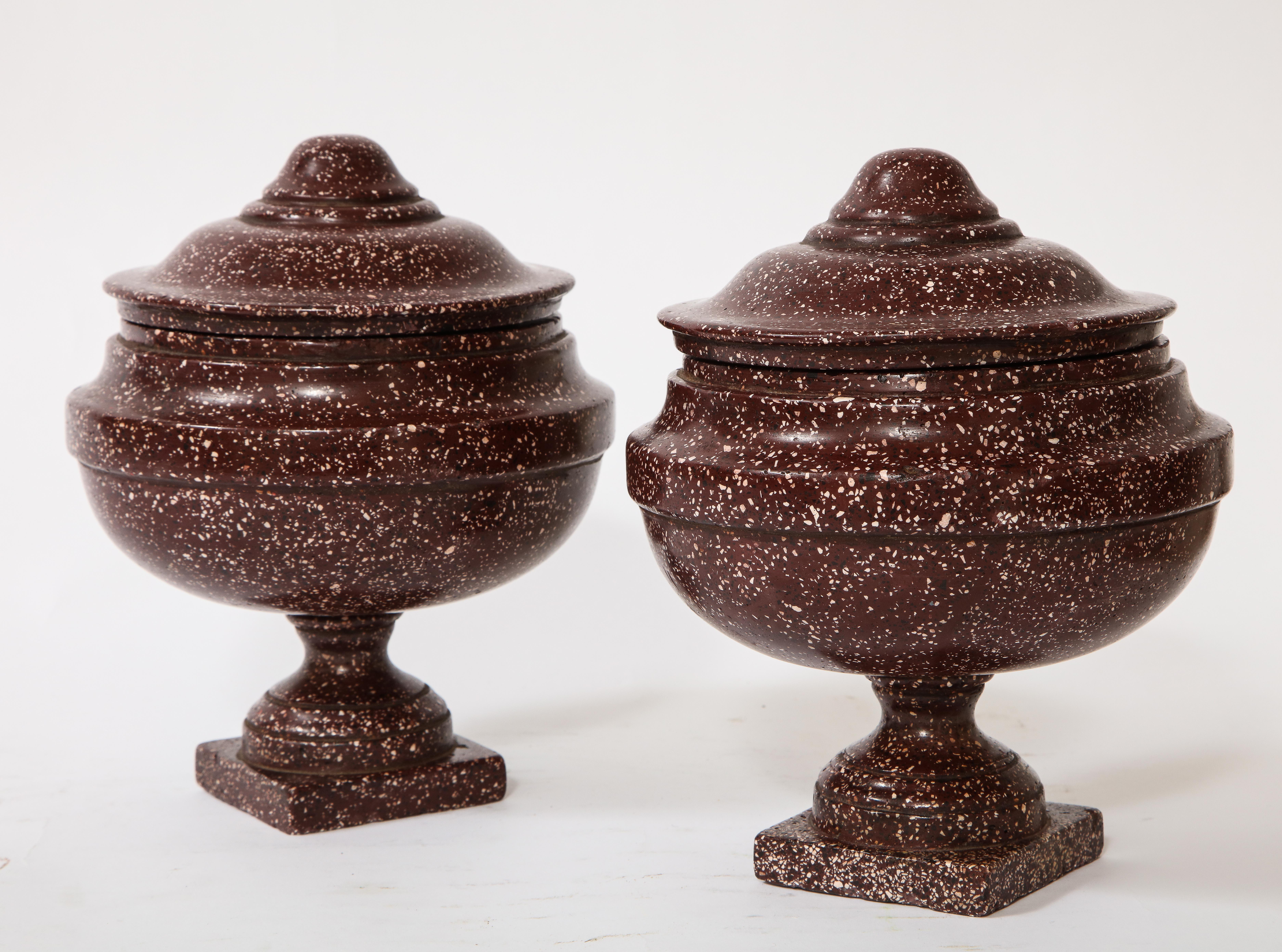 Pair of Antique Roman Porphyry, Grand Tour Period Hand-Carved Lidded Vases In Good Condition For Sale In New York, NY