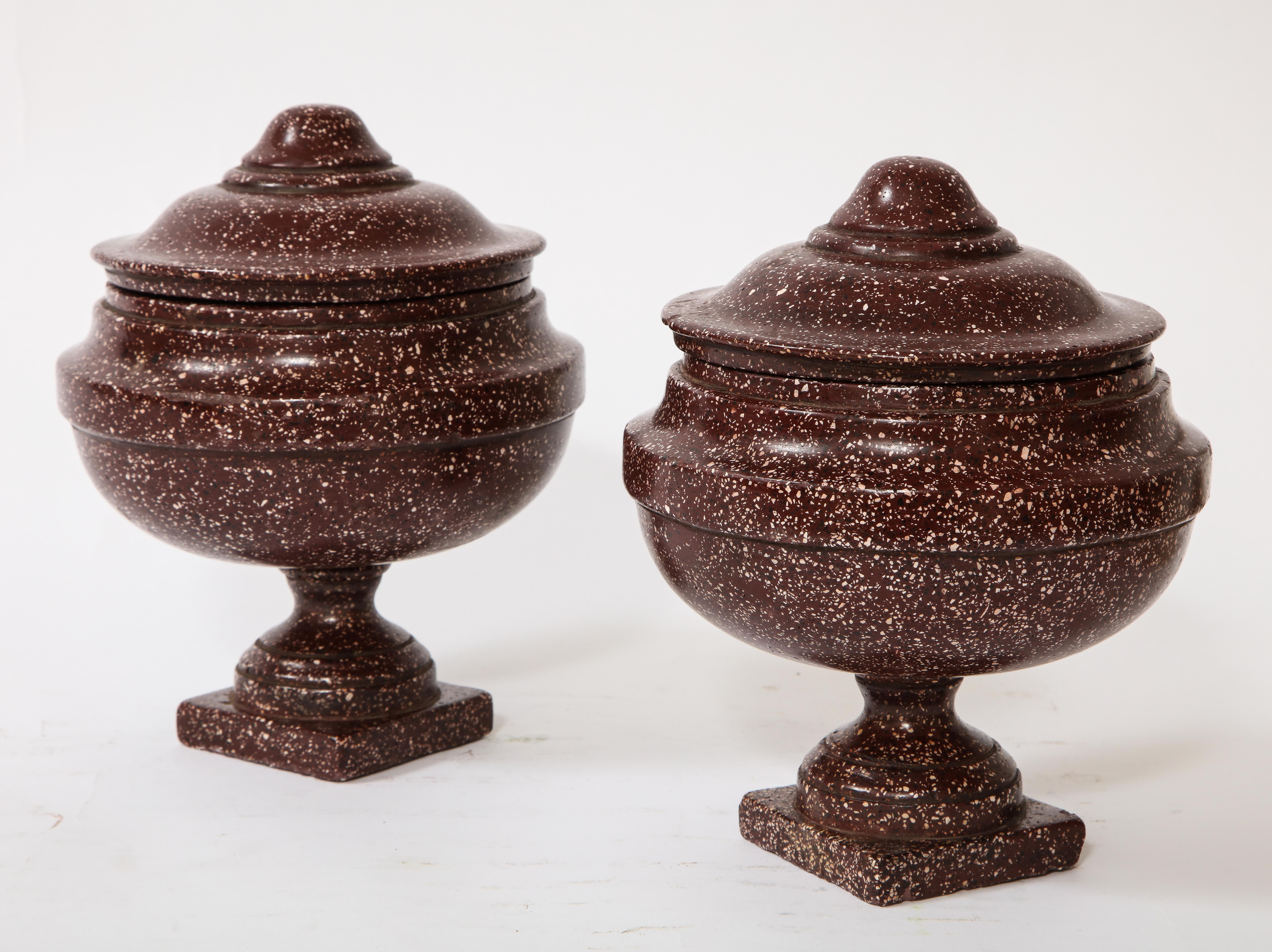 Mid-19th Century Pair of Antique Roman Porphyry, Grand Tour Period Hand-Carved Lidded Vases For Sale
