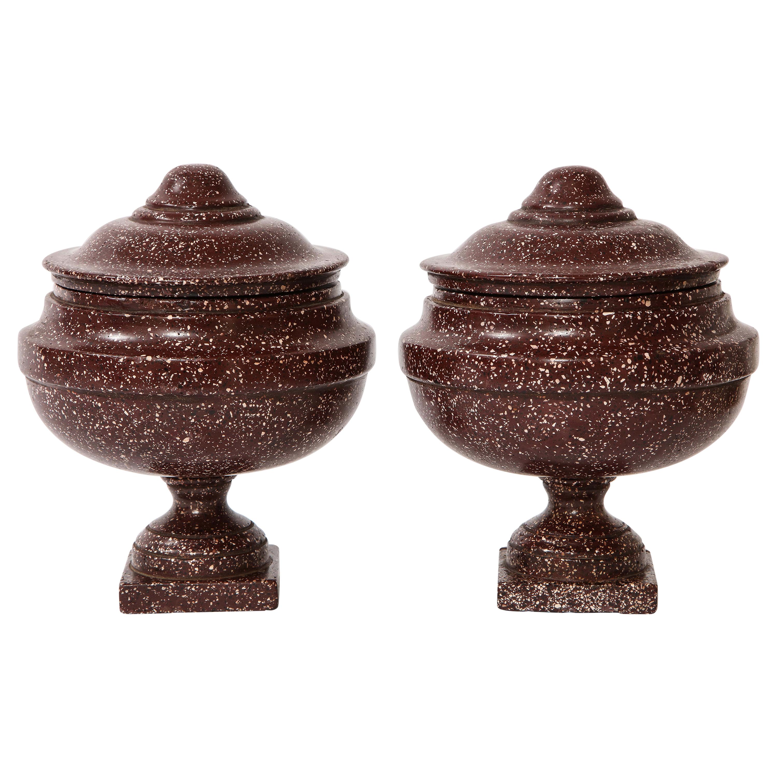 Pair of Antique Roman Porphyry, Grand Tour Period Hand-Carved Lidded Vases For Sale