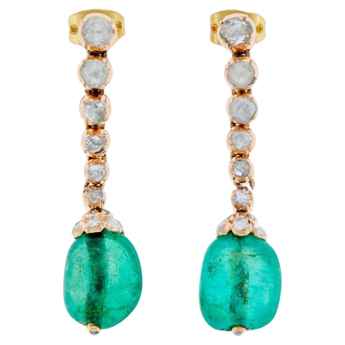 Pair of Antique Rose Gold, Emerald Bead and Diamond Pendant-Earrings