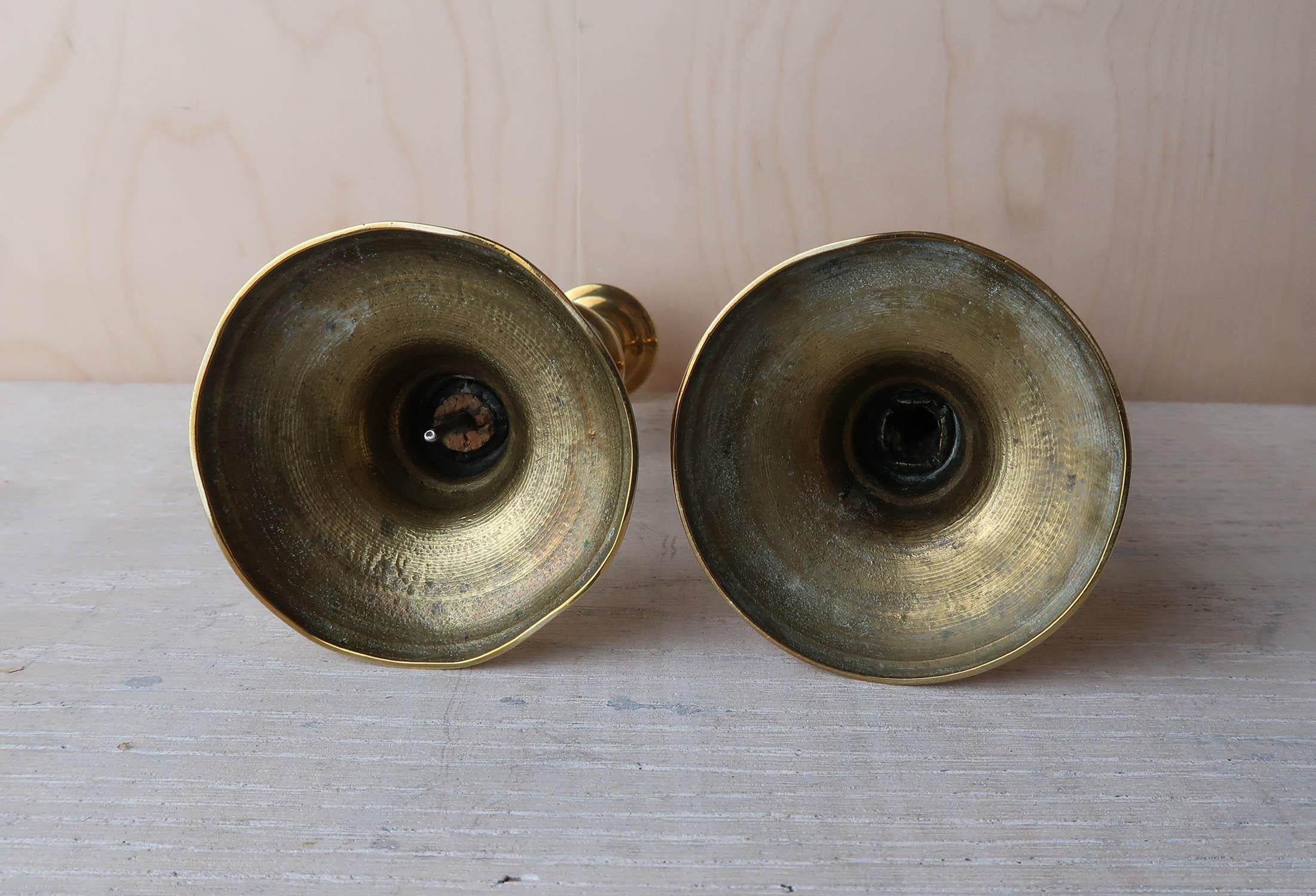 Rustic Pair of Antique Round Base Brass Candlesticks, English, 19th Century