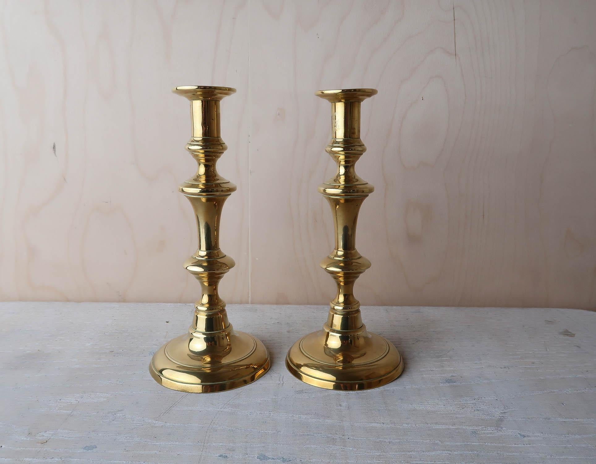 Turned Pair of Antique Round Base Brass Candlesticks, English, 19th Century