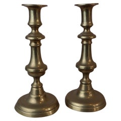 Pair of Antique Round Base Brass Candlesticks. English, 19th Century