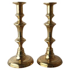 Pair of Antique Round Base Brass Candlesticks, English, 19th Century