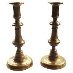 Pair of Antique Round Base Brass Candlesticks, English, 19th Century