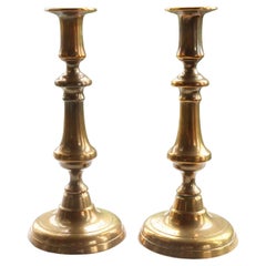 Pair of Large Antique Round Base Brass Candlesticks, English, 19th Century