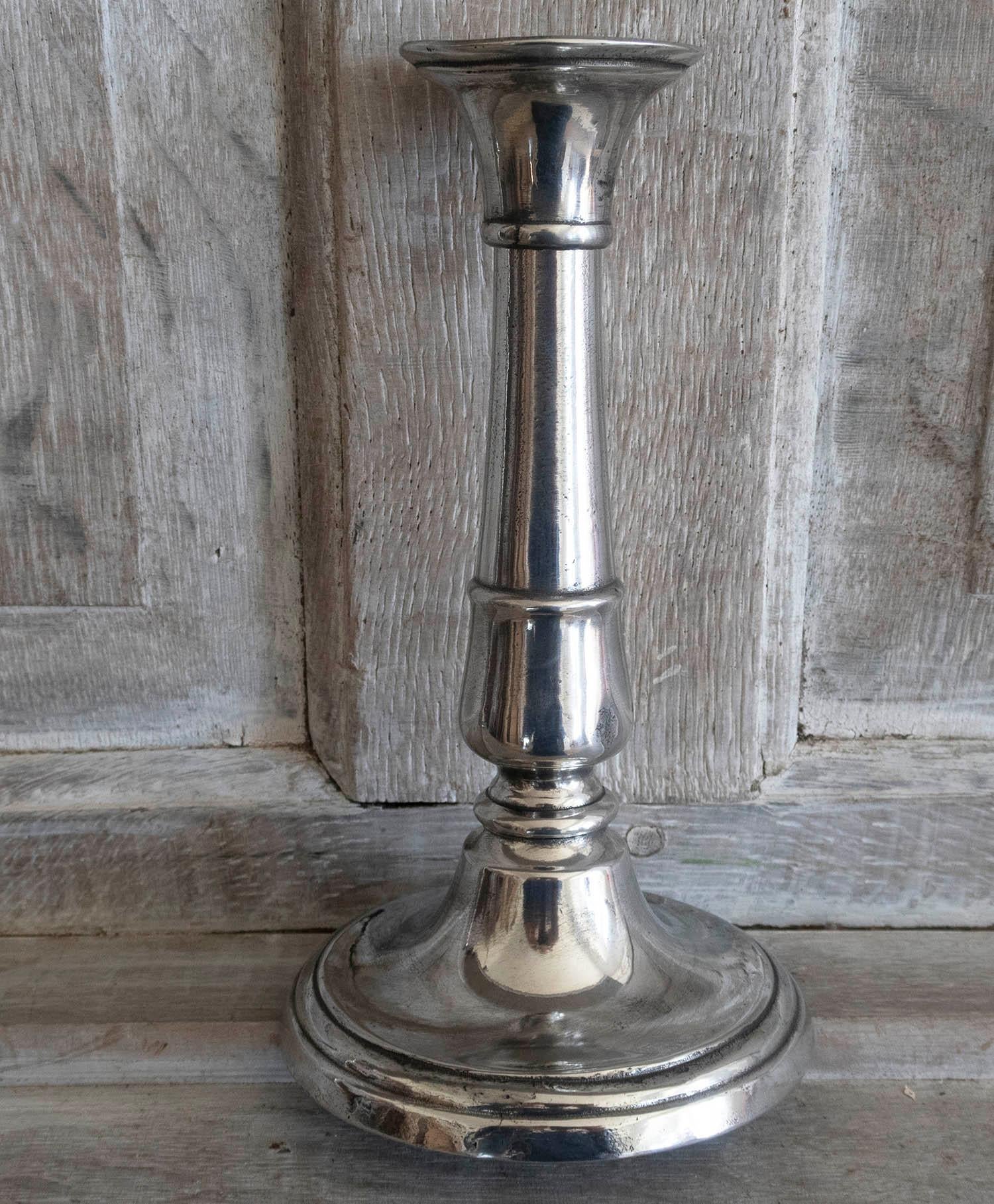 Turned Near Pair of Gustavian Style Pewter Candlesticks, English, C.1800 For Sale