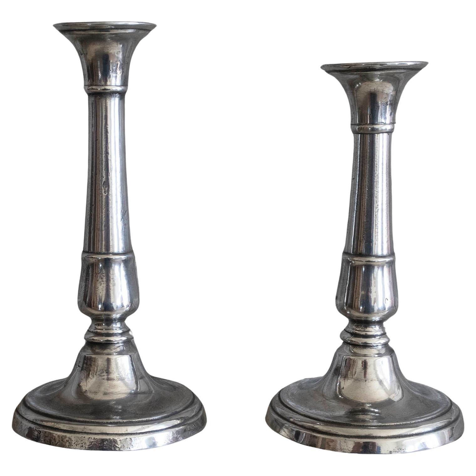 Near Pair of Gustavian Style Pewter Candlesticks, English, C.1800 For Sale