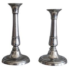 Antique Near Pair of Gustavian Style Pewter Candlesticks, English, C.1800