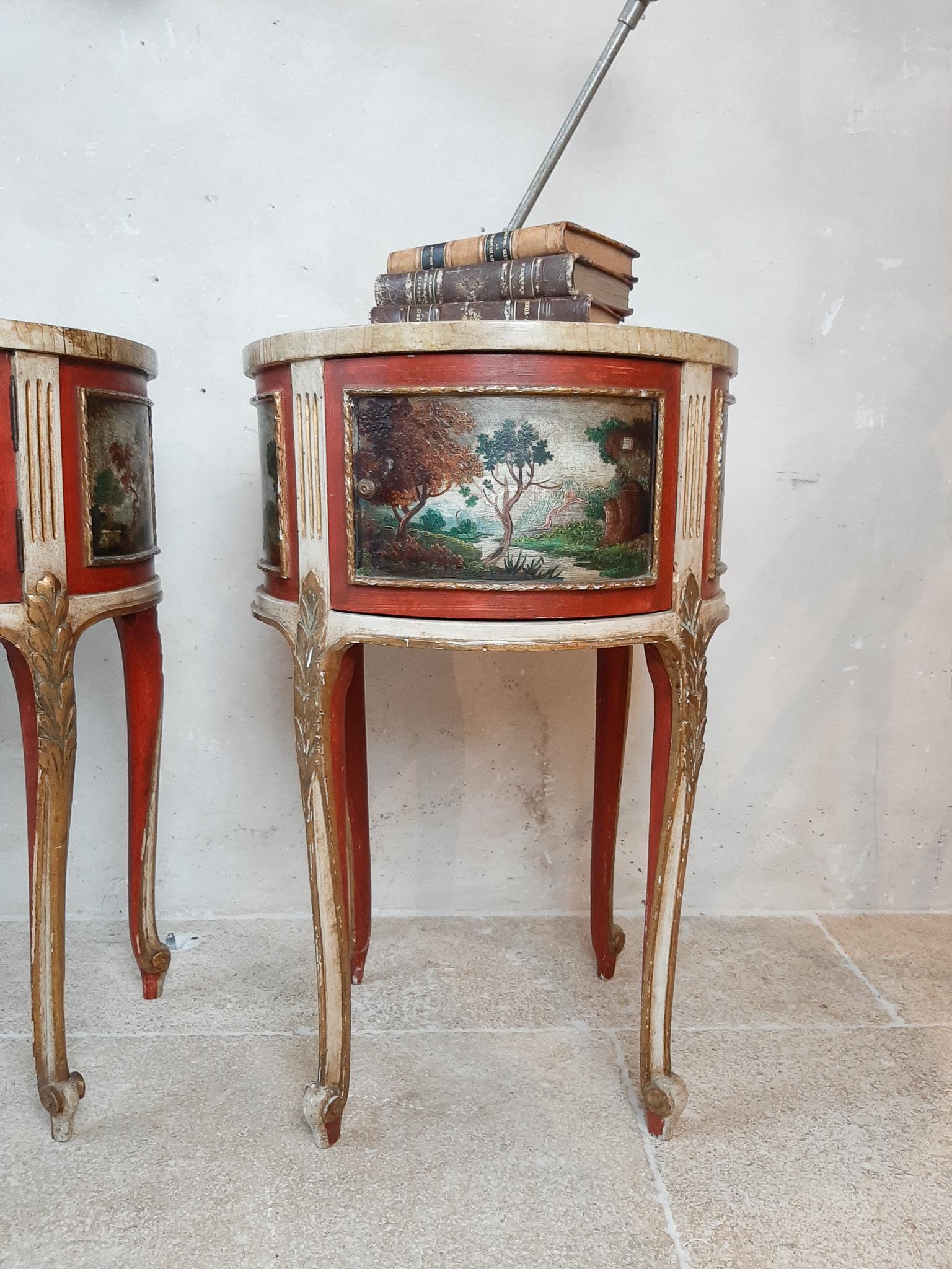 Pair of Antique Round Italian Bed Side Tables, with Hand Painted Scenes 6