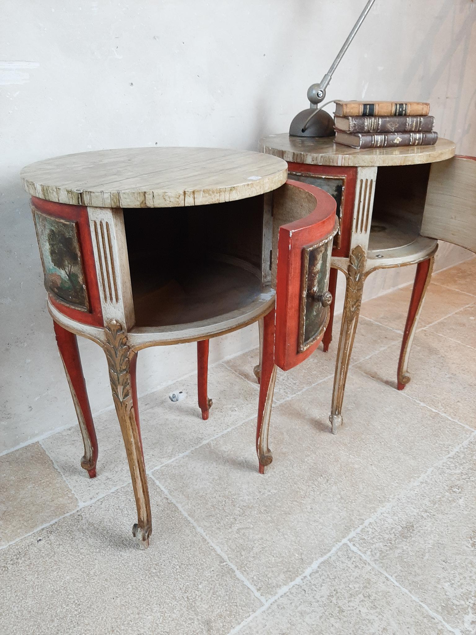20th Century Pair of Antique Round Italian Bed Side Tables, with Hand Painted Scenes