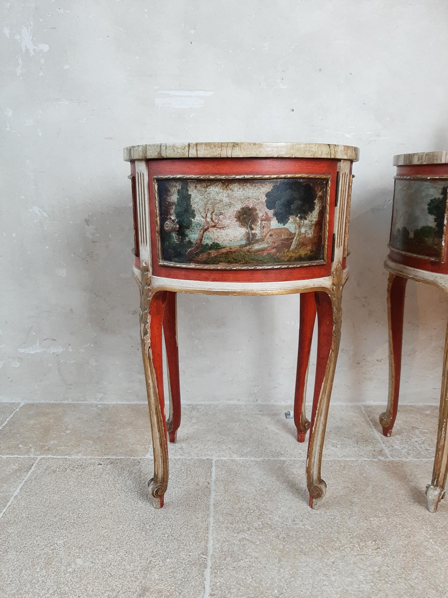 Wood Pair of Antique Round Italian Bed Side Tables, with Hand Painted Scenes