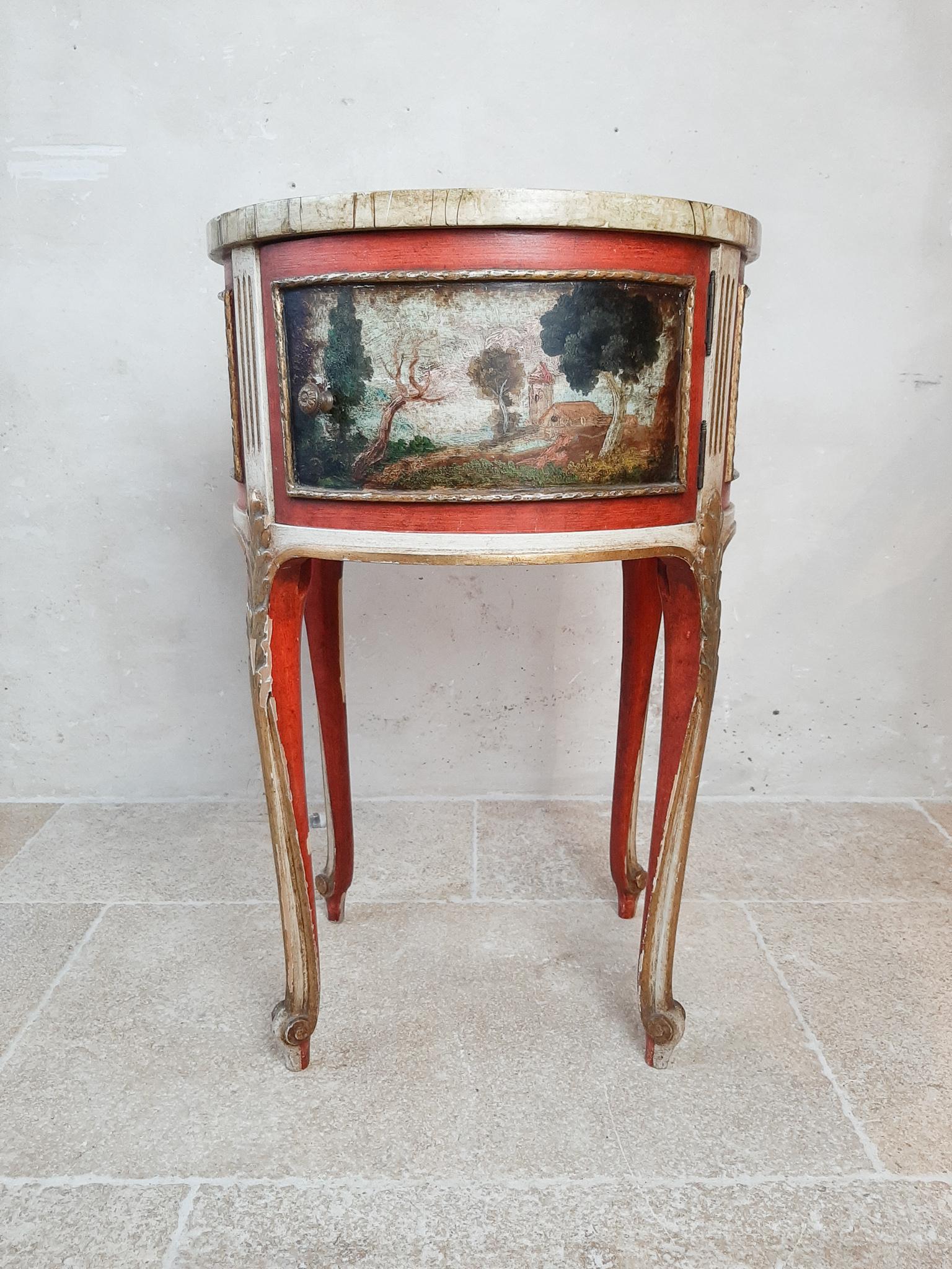 Pair of Antique Round Italian Bed Side Tables, with Hand Painted Scenes 1