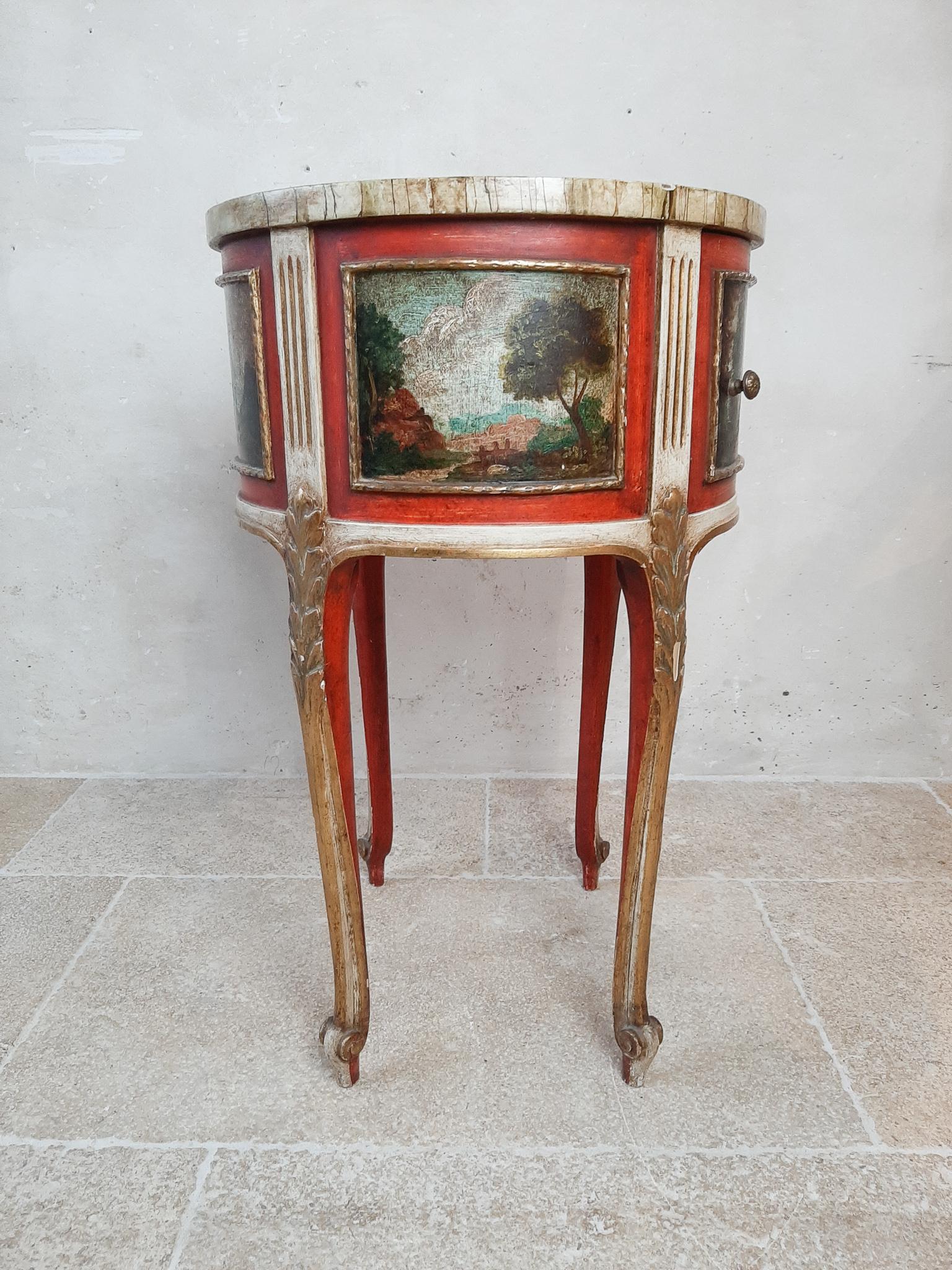 Pair of Antique Round Italian Bed Side Tables, with Hand Painted Scenes 2