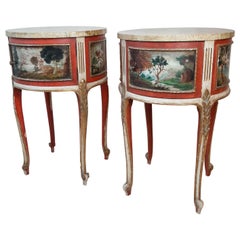 Pair of Antique Round Italian Bed Side Tables, with Hand Painted Scenes