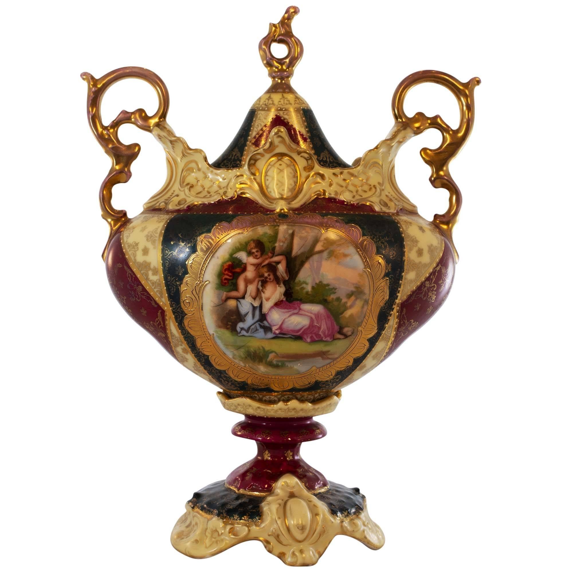 Pair of Antique Royal Vienna Covered Hand-Painted Urns In Excellent Condition In Pataskala, OH