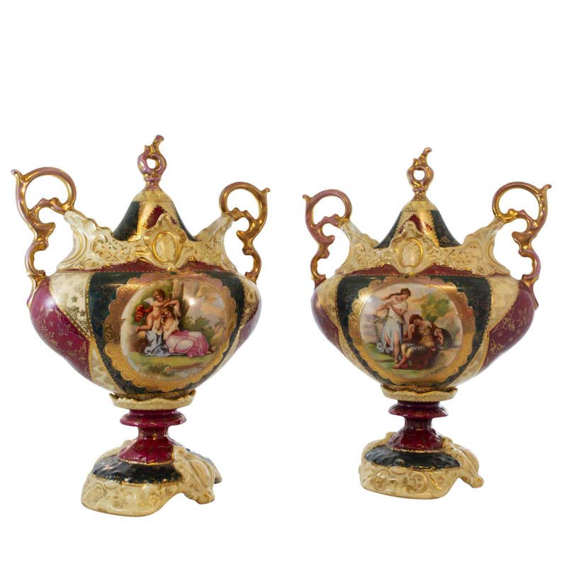 Pair of Antique Royal Vienna Covered Hand-Painted Urns at 1stDibs