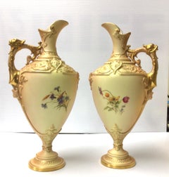 Pair of Antique Royal Worcester Blush Ivory Floral Painted Pedestal Vases, Ewers