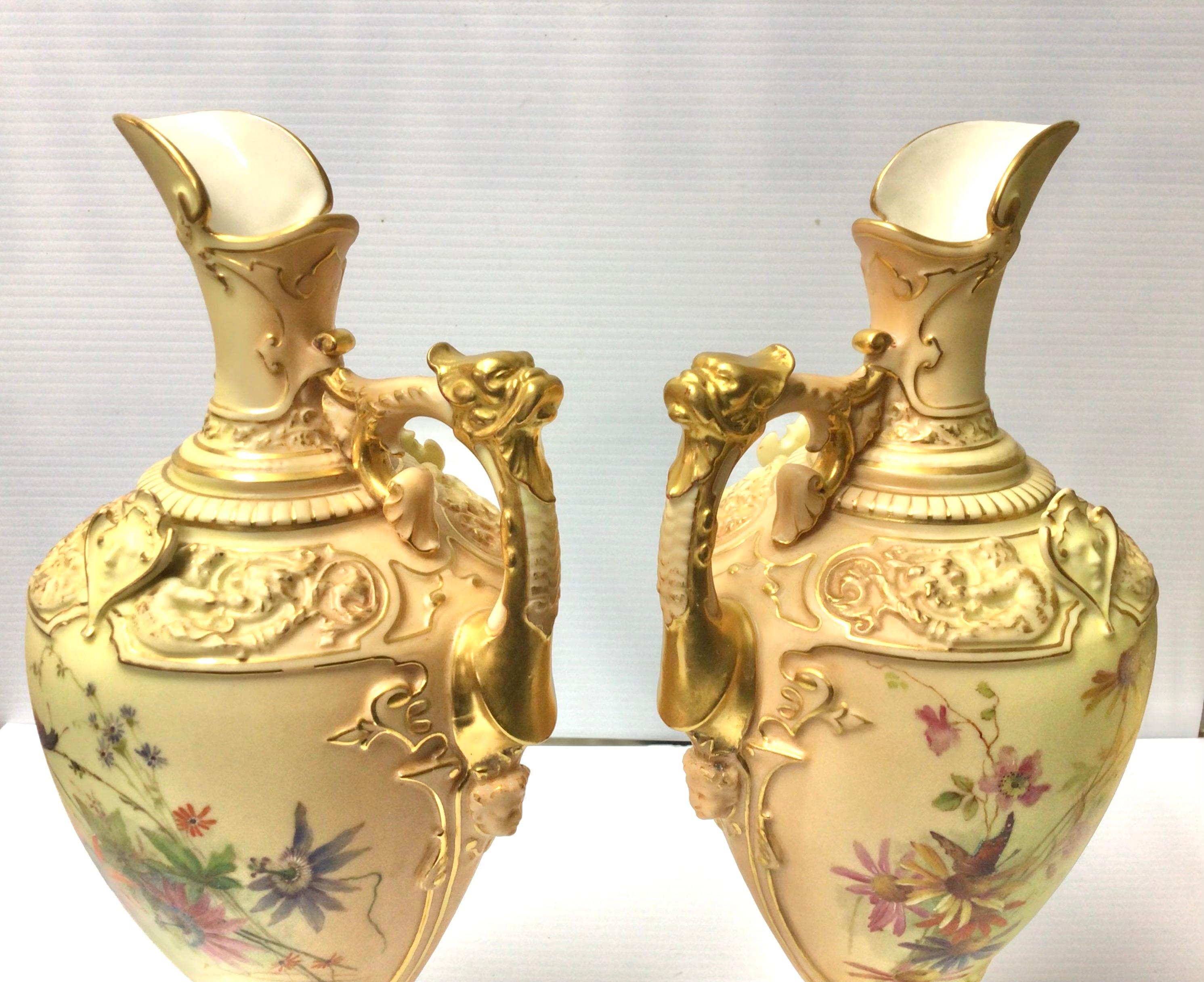 Rococo Pair of Antique Royal Worcester Blush Ivory Floral Painted Pedestal Vases, Ewers For Sale