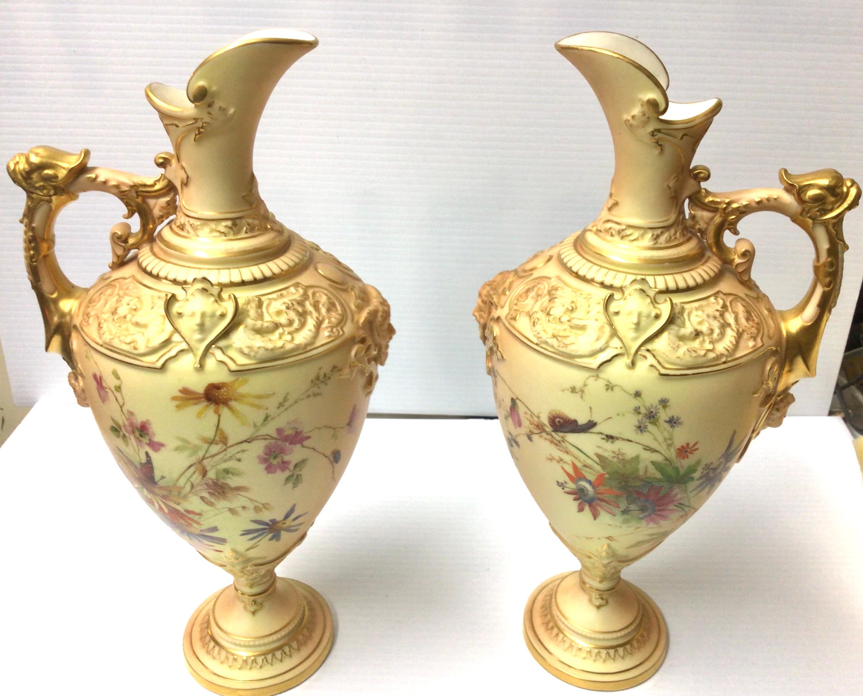 English Pair of Antique Royal Worcester Blush Ivory Floral Painted Pedestal Vases, Ewers For Sale