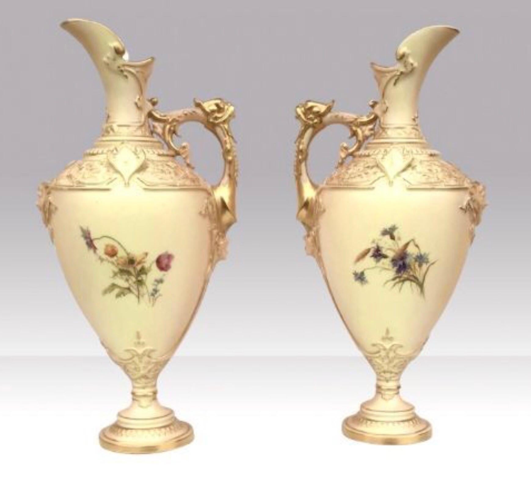 Ceramic Pair of Antique Royal Worcester Blush Ivory Floral Painted Pedestal Vases, Ewers For Sale