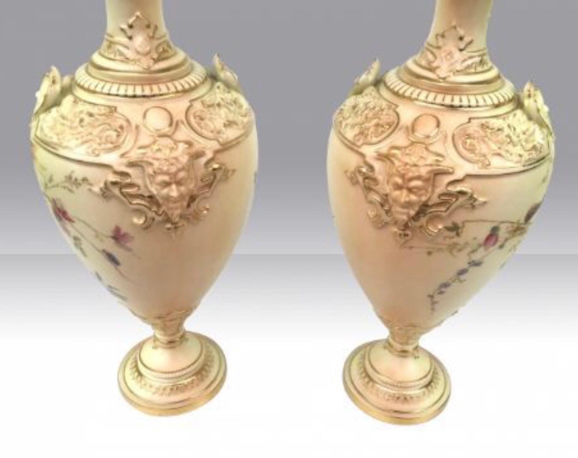 Pair of Antique Royal Worcester Blush Ivory Floral Painted Pedestal Vases, Ewers For Sale 1