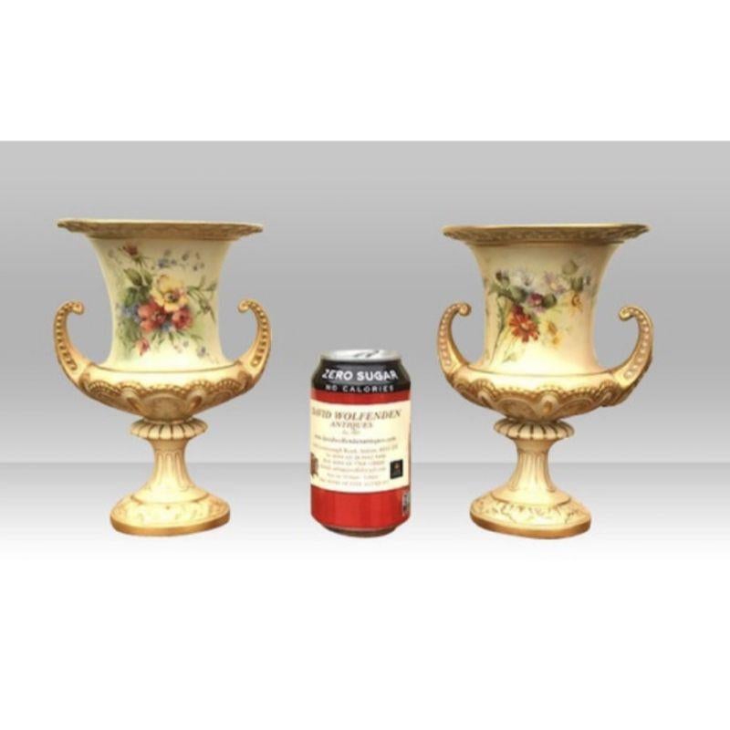 Quality pair of antique Royal Worcester blush ivory hand painted vases,

Painted with flowers and foliage.
Dated 1904
19.5 cm x 13 cm diameter
Stunning Condition

Declaration: This item is antique. The date of manufacture has been declared as