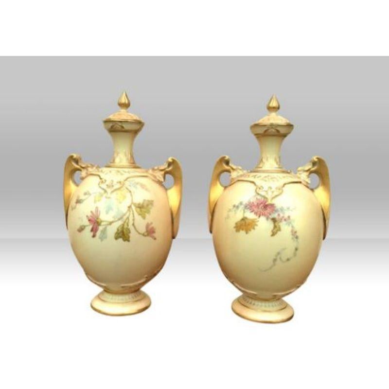 Victorian Pair of Antique Royal Worcester Blush Ivory Vases For Sale