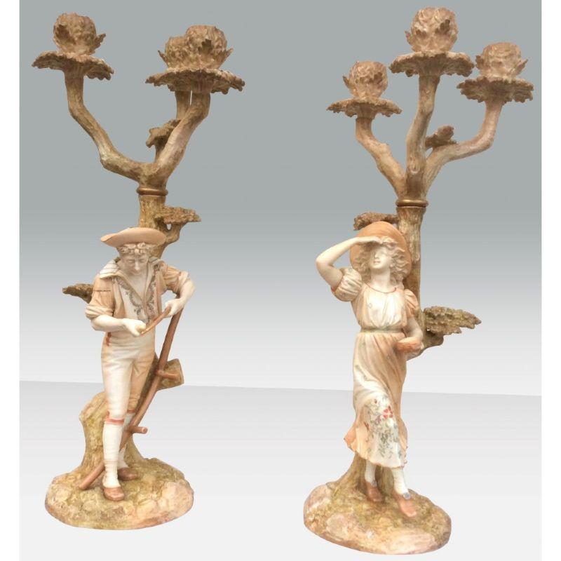 Pair of Antique Royal Worcester Candelabra Signed by James Hadley For Sale 3