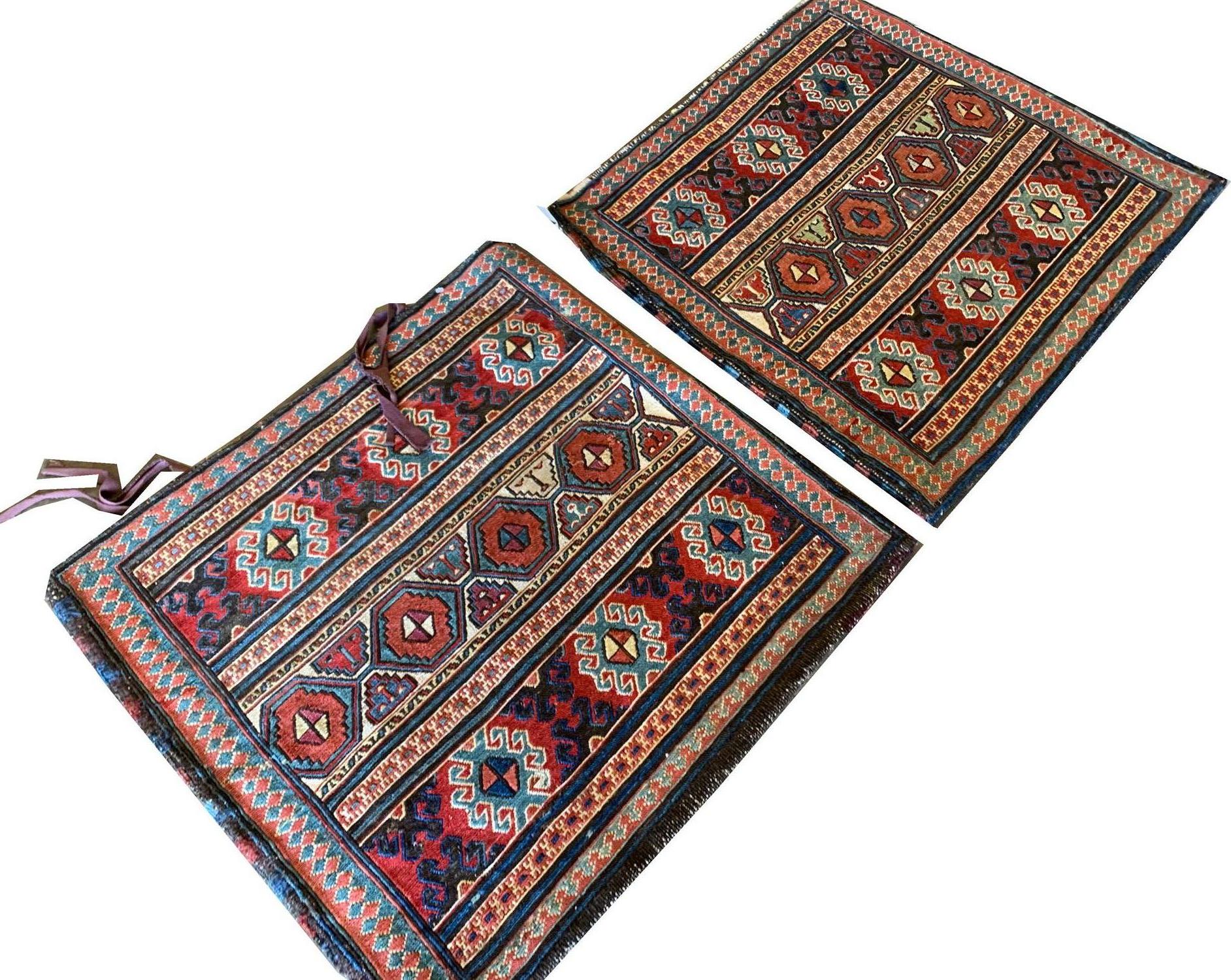 Tribal Pair of Antique Rugs, Kilims Oriental Caucasian Wool 