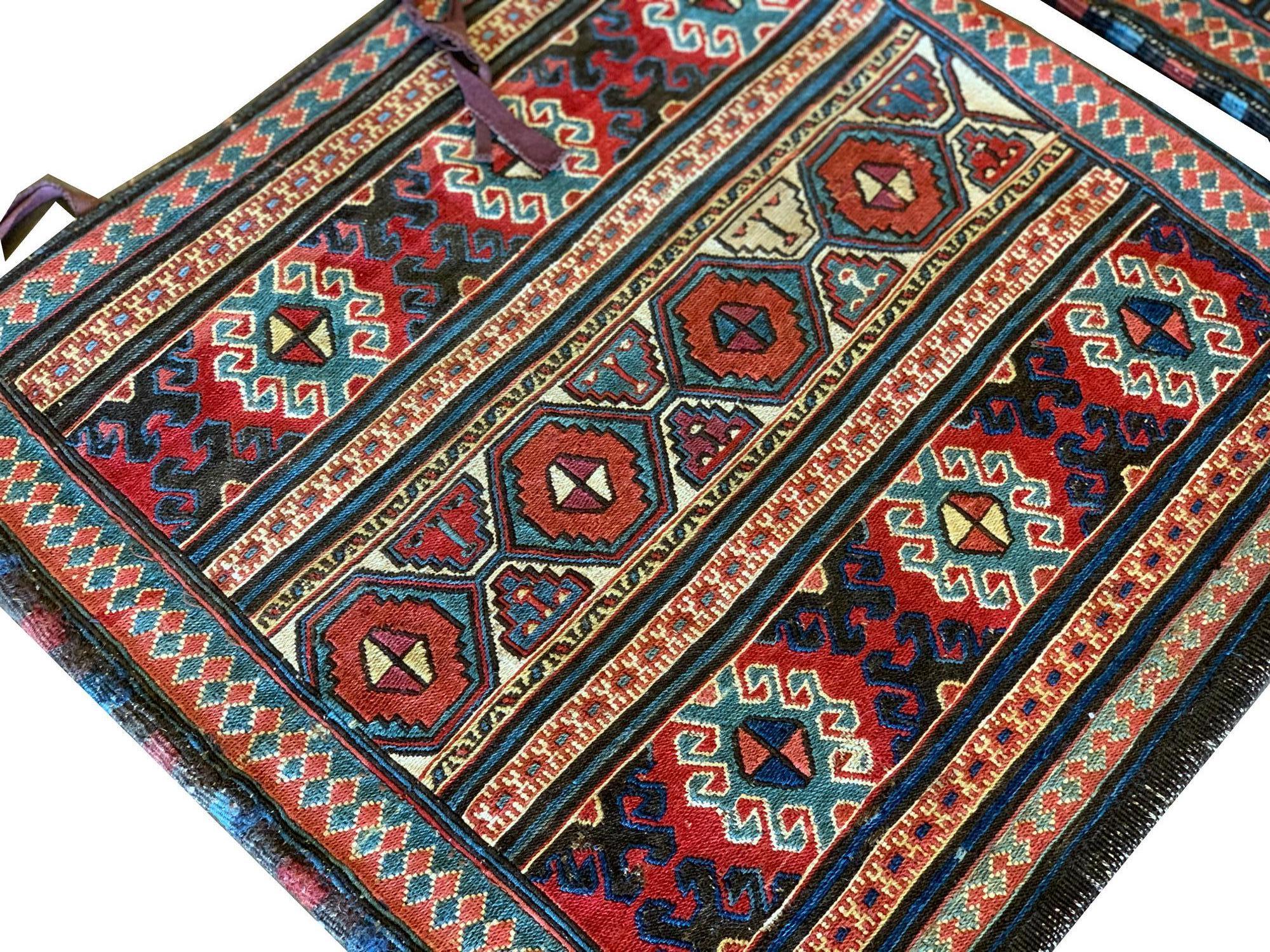 Hand-Crafted Pair of Antique Rugs, Kilims Oriental Caucasian Wool 