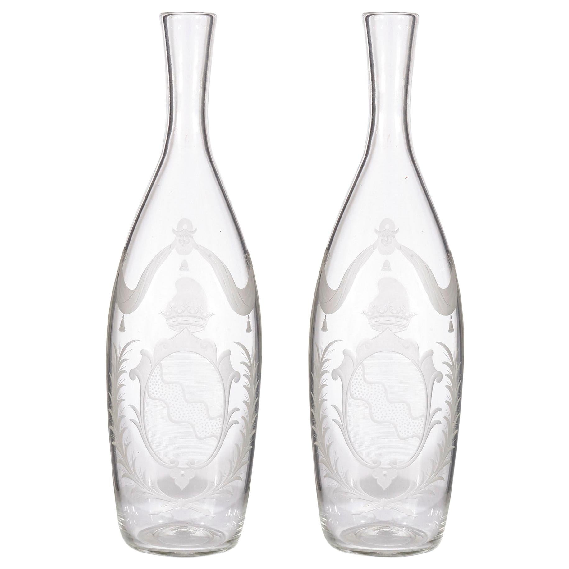 Pair of Antique Russian Glass Decanters For Sale