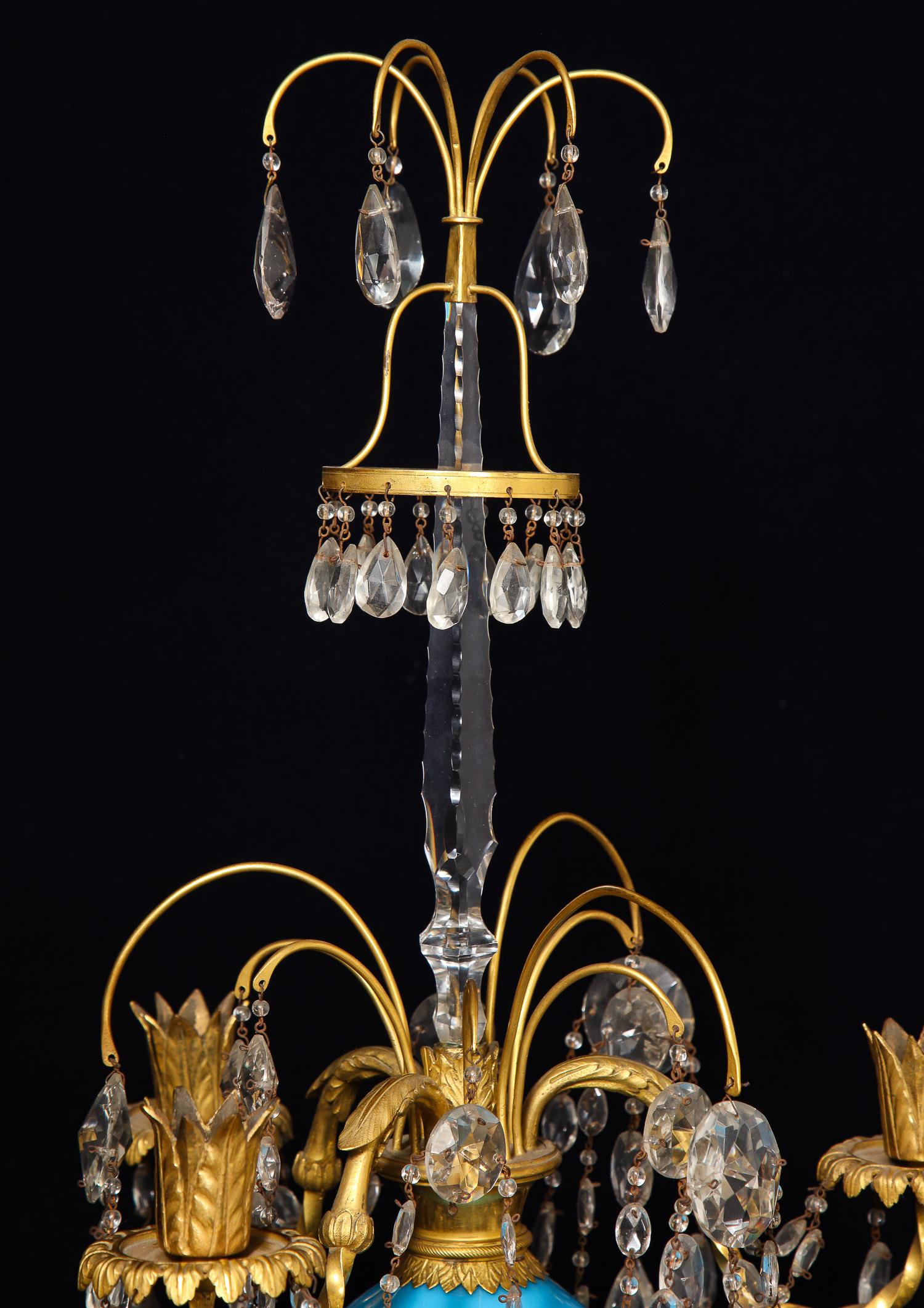Hand-Crafted Pair of Antique Russian Neoclassical Gilt Bronze and Opaline Glass Candelabras For Sale