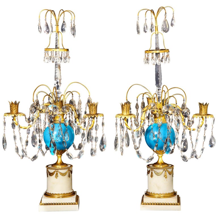 Pair of Antique Russian Neoclassical Gilt Bronze and Opaline Glass Candelabras For Sale