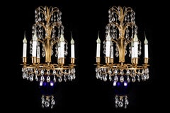 Pair of Antique Russian Neoclassical Ormolu, Cobalt Glass & Crystal Chandeliers