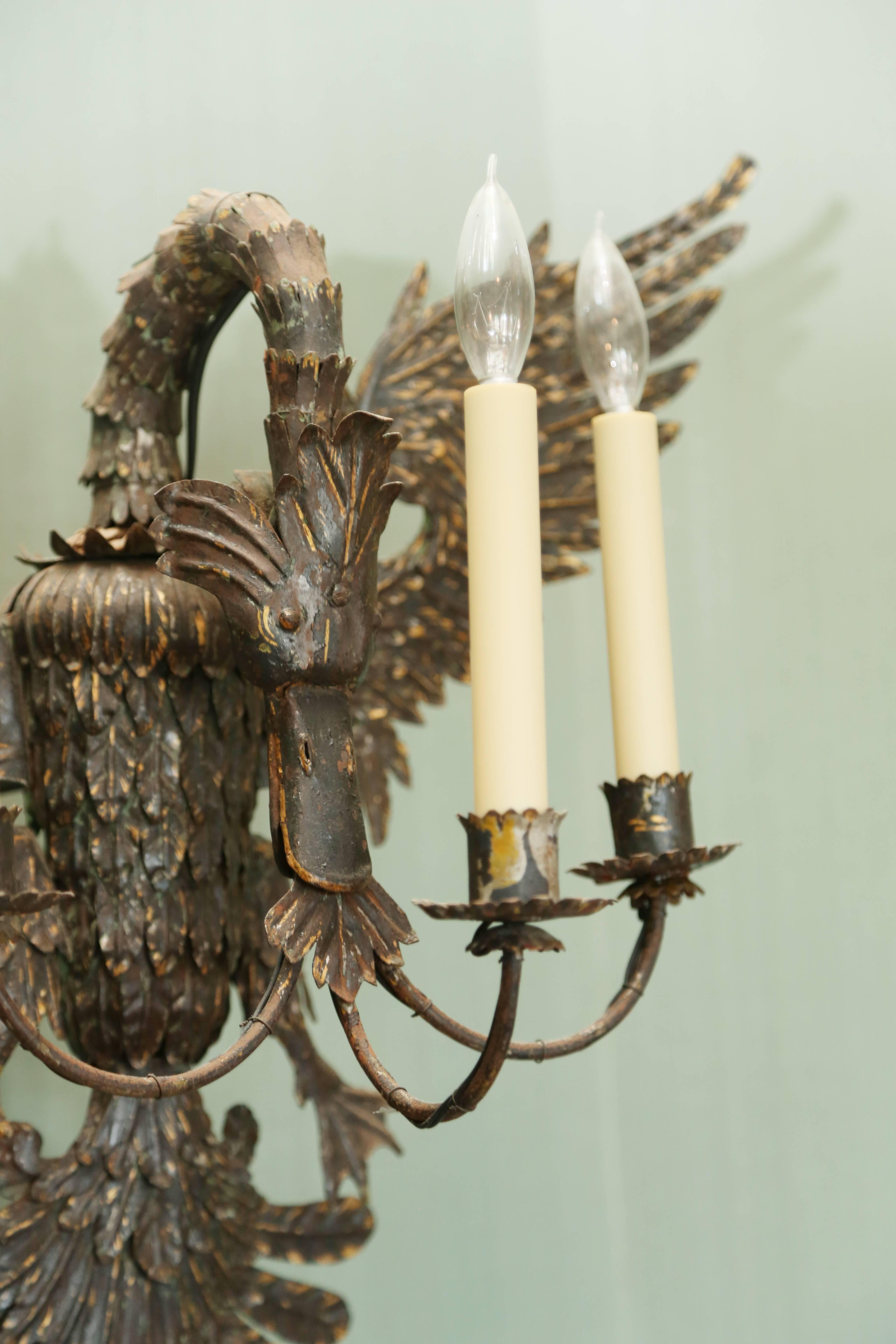 Metal Pair of Antique Russian Swan-Form Wall Lights For Sale