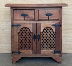Pair of Antique Rustic Solid Wood Nightstands with Wrought Iron Details