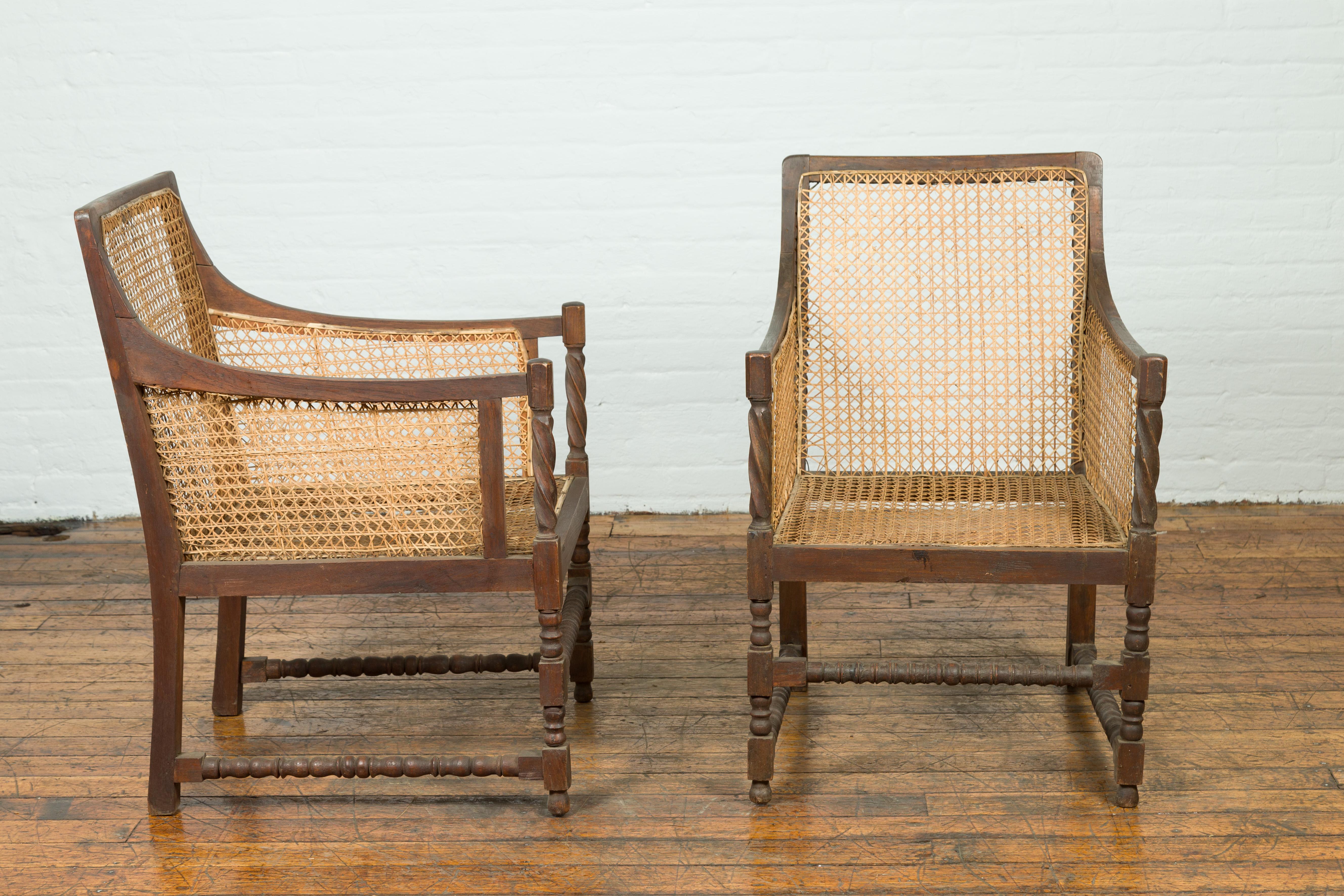 Pair of Antique Rustic Thai Turned Wood Armchairs with Rattan Backs and Seats 7