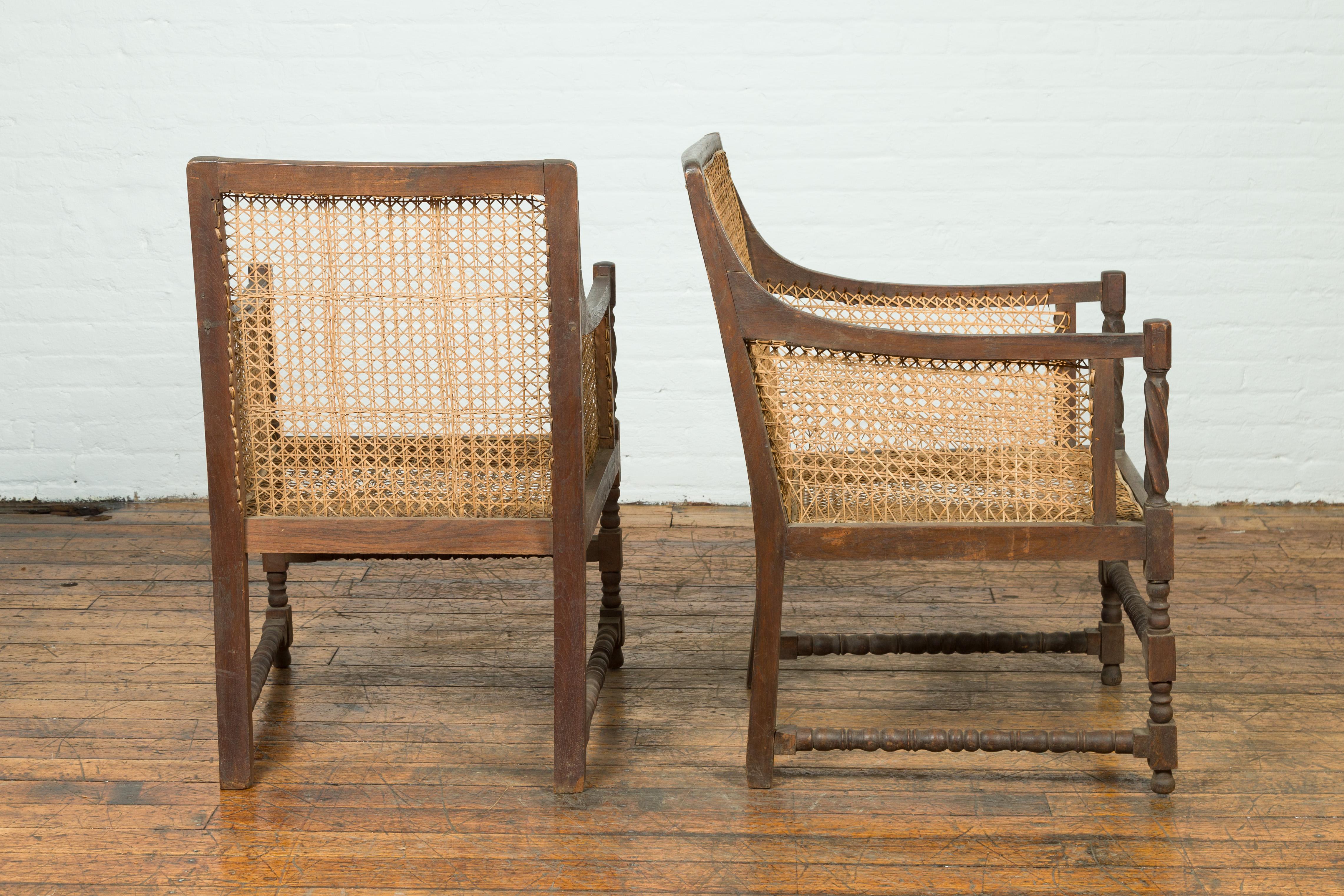 Pair of Antique Rustic Thai Turned Wood Armchairs with Rattan Backs and Seats 8