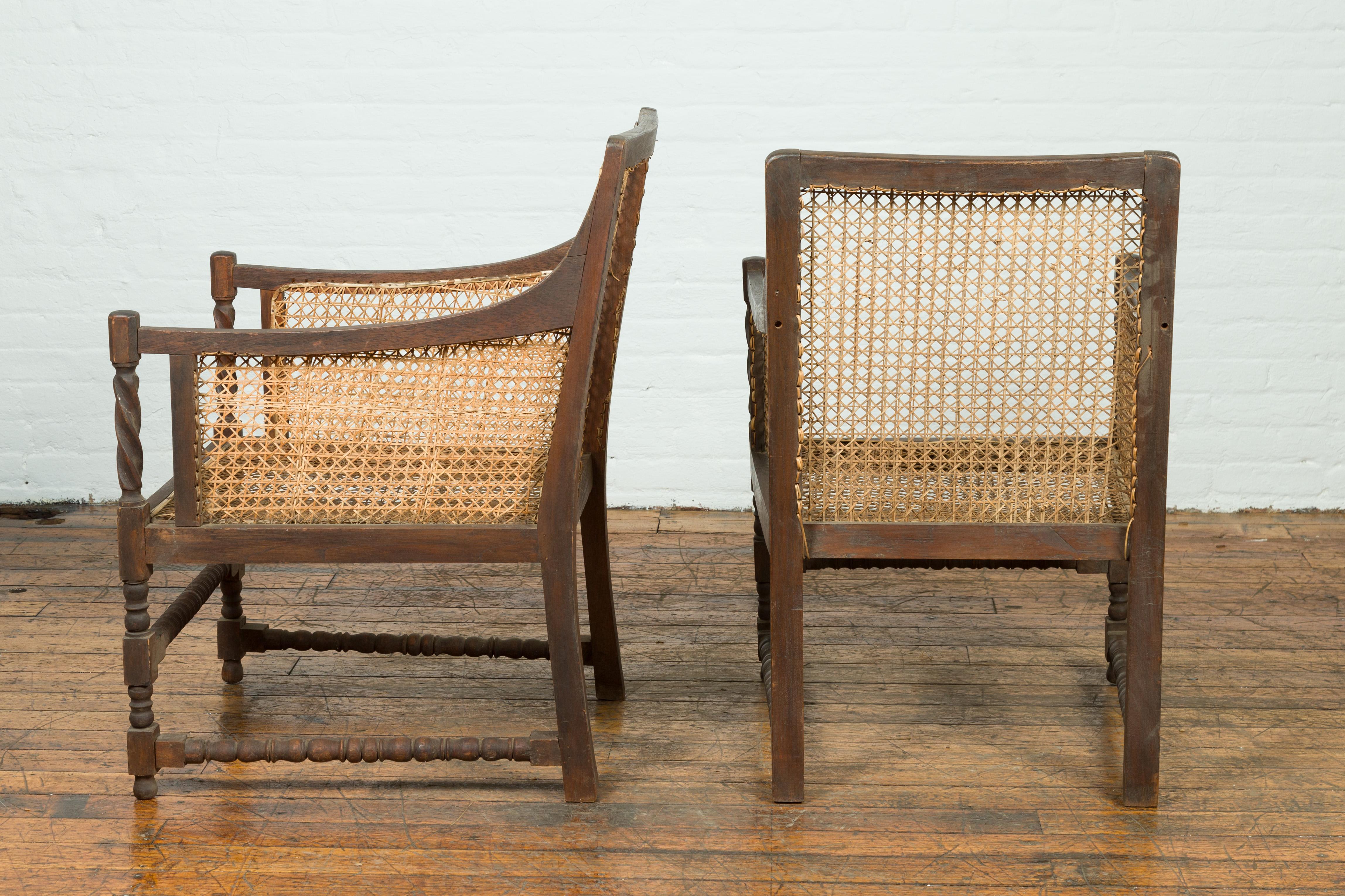 Pair of Antique Rustic Thai Turned Wood Armchairs with Rattan Backs and Seats 9