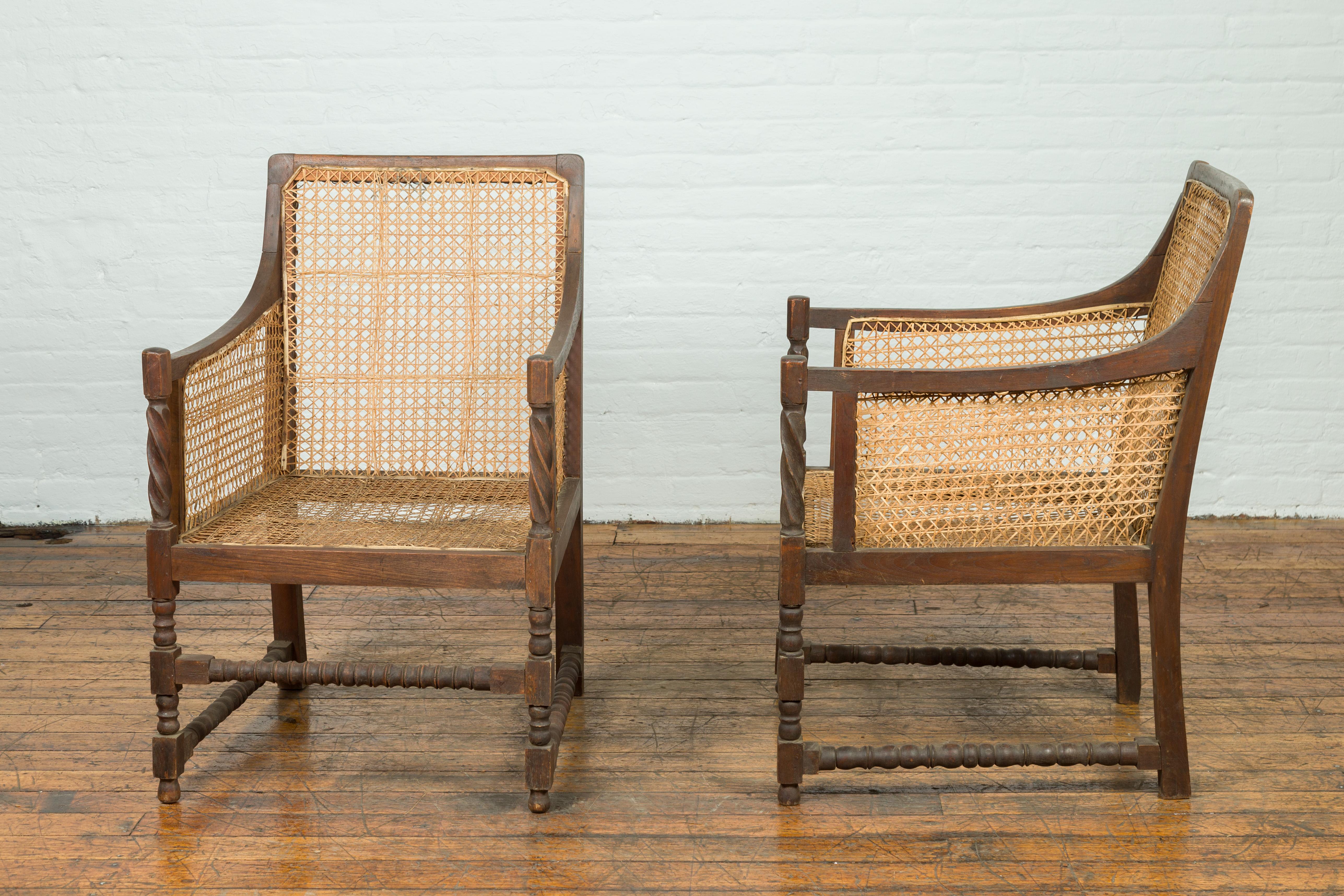 Pair of Antique Rustic Thai Turned Wood Armchairs with Rattan Backs and Seats 10