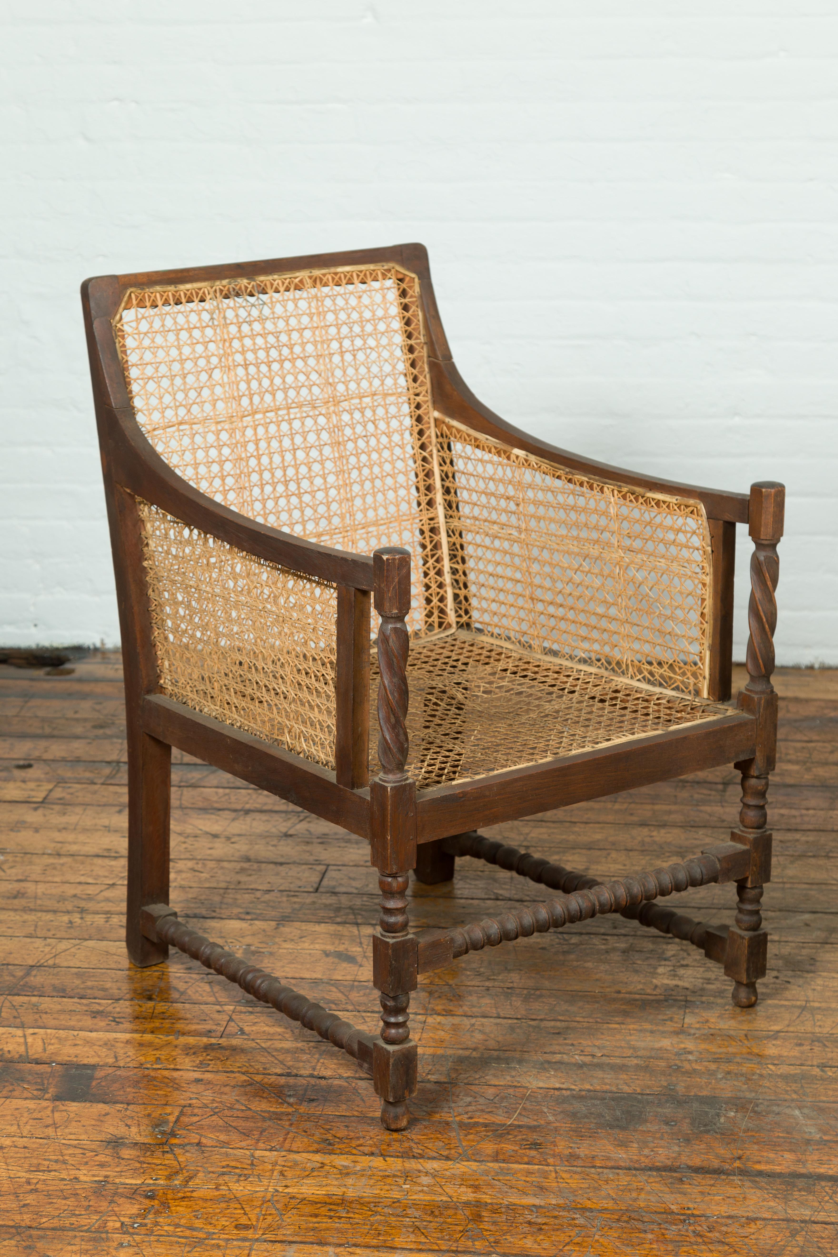 19th Century Pair of Antique Rustic Thai Turned Wood Armchairs with Rattan Backs and Seats