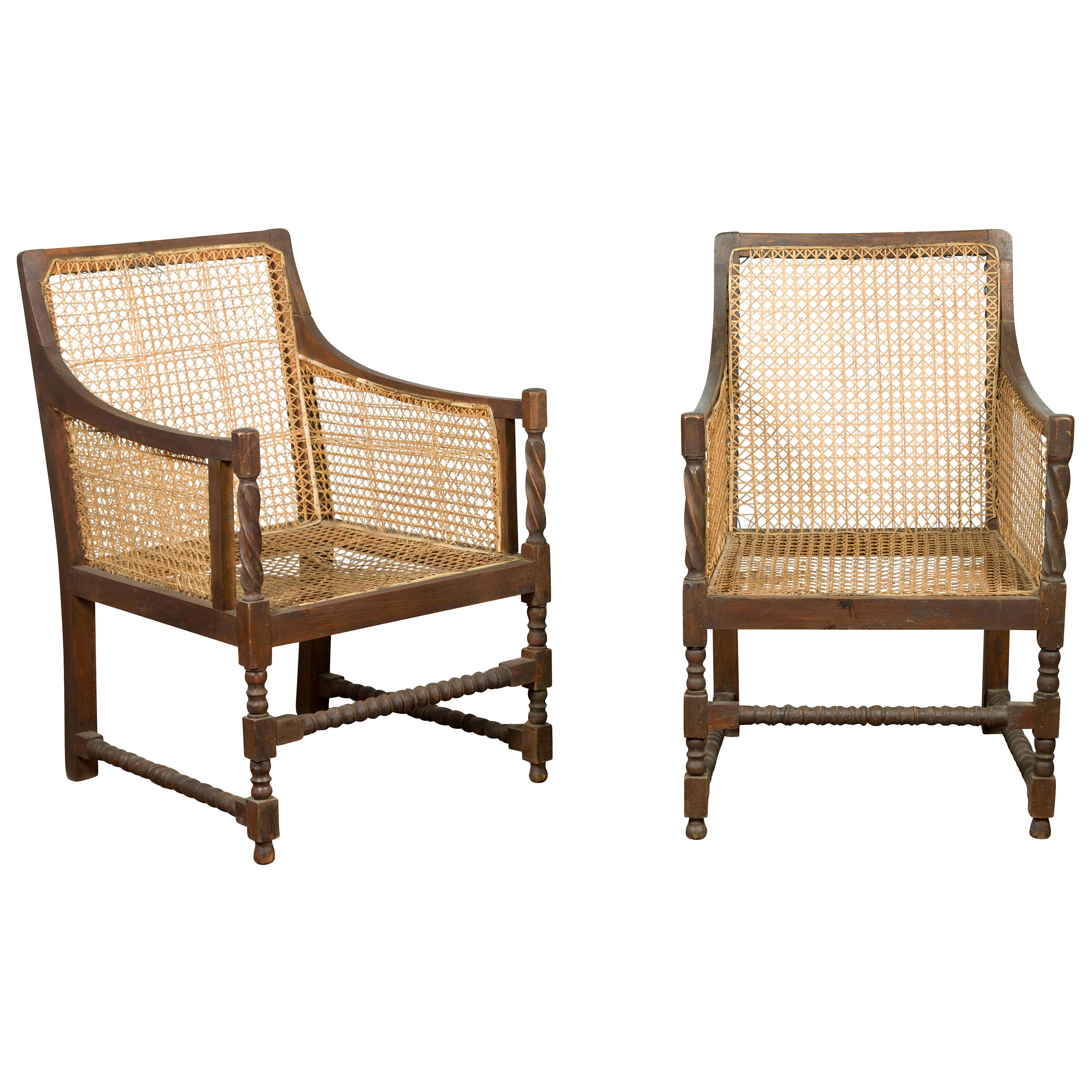Pair of Antique Rustic Thai Turned Wood Armchairs with Rattan Backs and Seats