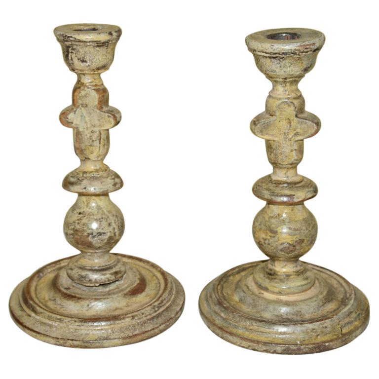 Pair of Antique Rustic Turned Wood Candleholders For Sale