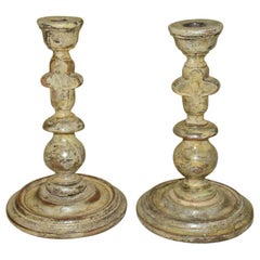 Pair of Antique Rustic Turned Wood Candleholders