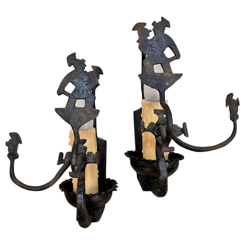 Pair of Antique Rustic Wrought Iron Wall Sconces For Sale