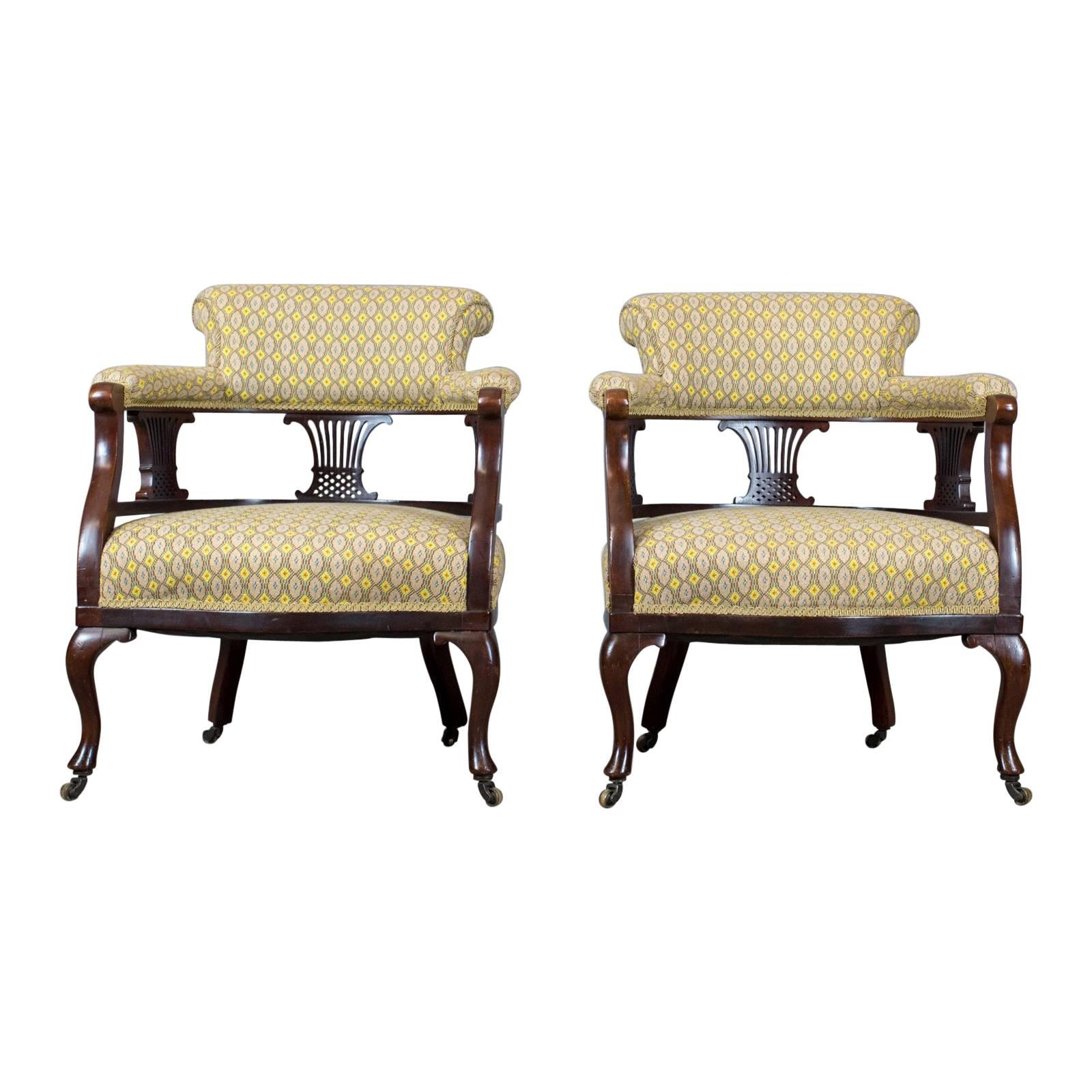 Pair of Antique Salon Armchairs, English, Victorian, Scroll Back, circa 1870